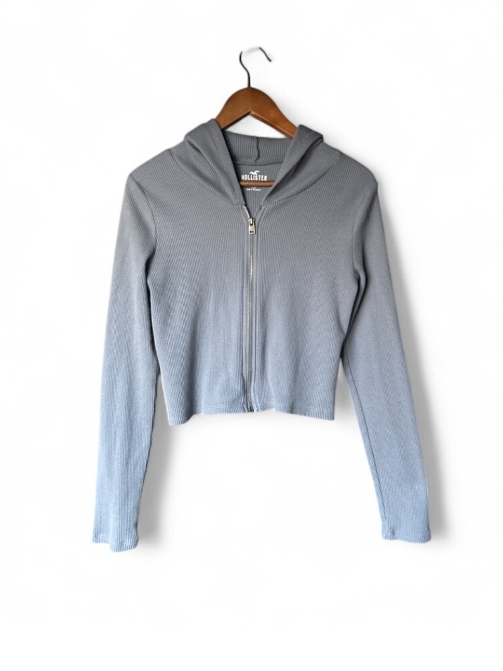 Hollister Blue Gray Waffle Knit Ribbed Zip-Up Hoodie